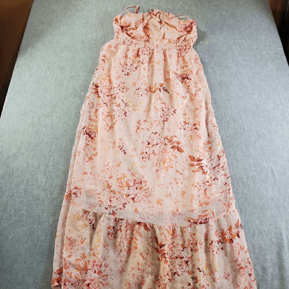 Monteau Los Angeles Dress Womens XL Pink Floral Lined Sheer Maxi Spaghetti Strap